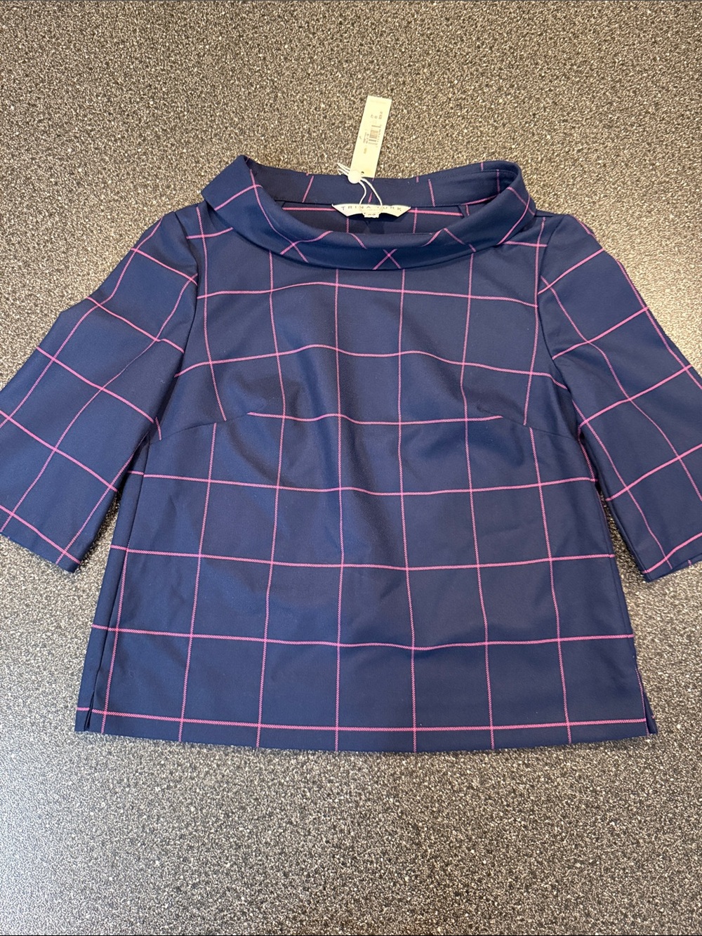 NWT Trina Turk Navy Structured Top with Pink Windowpane Accents - size XS